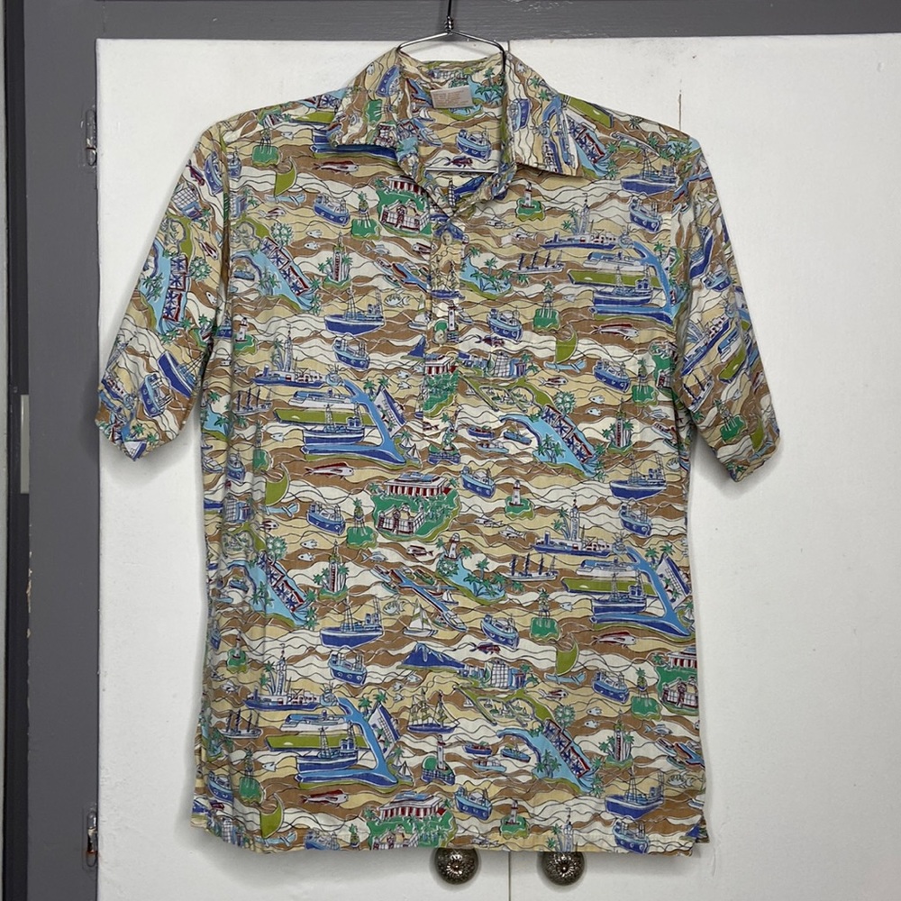 go barefoot hawaiian pull over shirt small casual palm tree boat fish